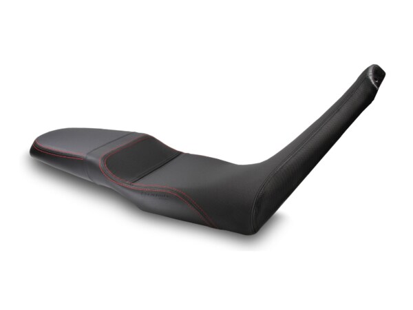 REVolution OEM Seat Upgrade for the Aprilia Tuareg 660 shown with Performance Plus DTX and Red stitch.